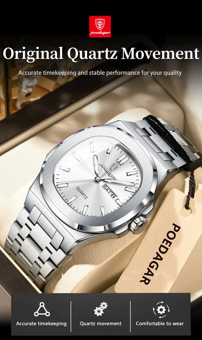 POEDAGAR Classic Square Men Wristwatch Waterproof Luminous Date Week Casual Man Clock Stainless Steel Men's Quartz Watches Reloj