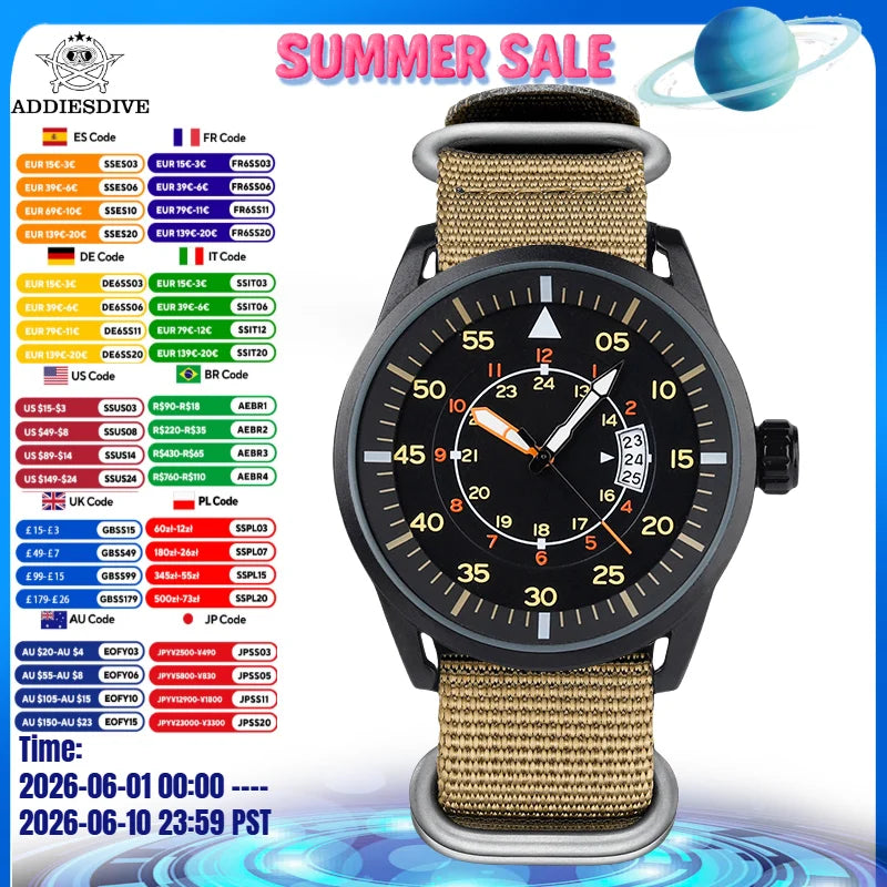 ADDIESDIVE Men's Luxury Watches Nylon Strap reloj hombre Luminous 50M Waterproof Date Quartz Wristwatch Relog Reloj Hombre
