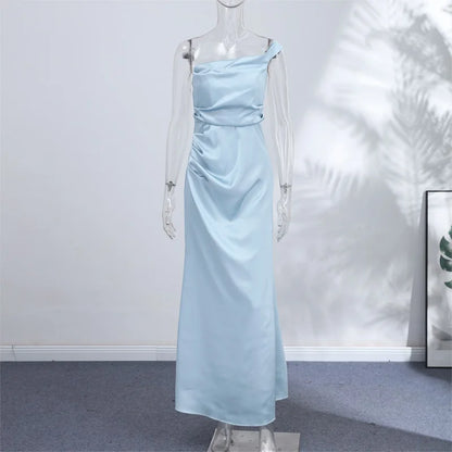 One Shoulder Satin Women 's Maxi Dress Cowl Neck Ruched Waist Bodycon Dresses 2026 Summer Woman Formal Evening Party Vestidos