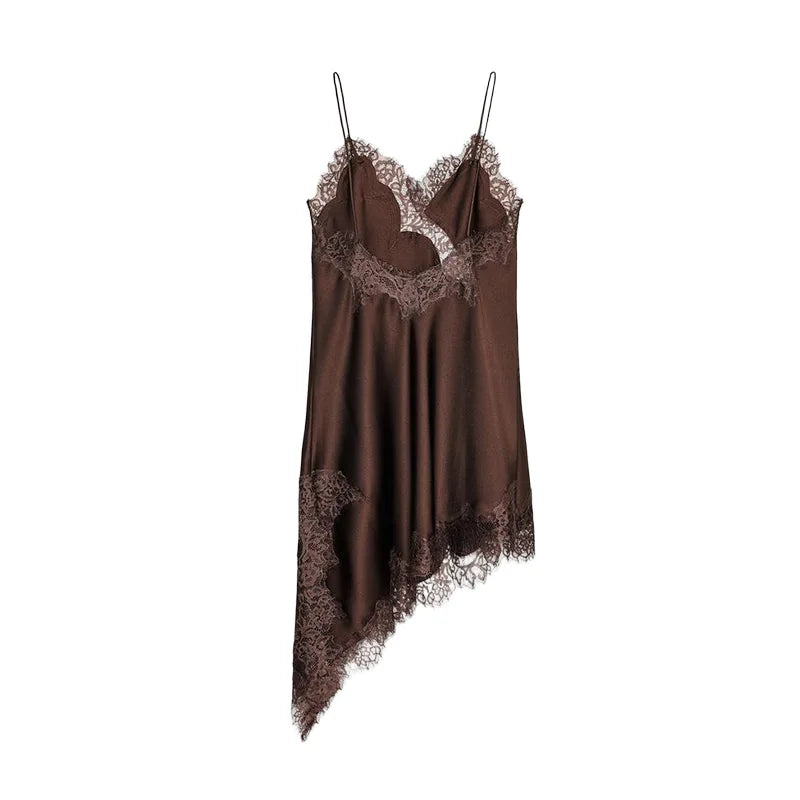 Sexy Satin Sexy Lace Spliced Sling Dress Women V-neck Sleeveless Backless Asymmetric Party Dresses 2025 Summer Vestidos