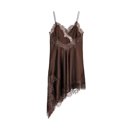 Sexy Satin Sexy Lace Spliced Sling Dress Women V-neck Sleeveless Backless Asymmetric Party Dresses 2025 Summer Vestidos