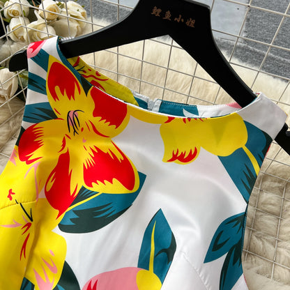 French Elegant Floral Dress Women Retro Round Neck Sleeveless Print Party Dresses Summer Slim A-line Vintage Long Robe Vestidos