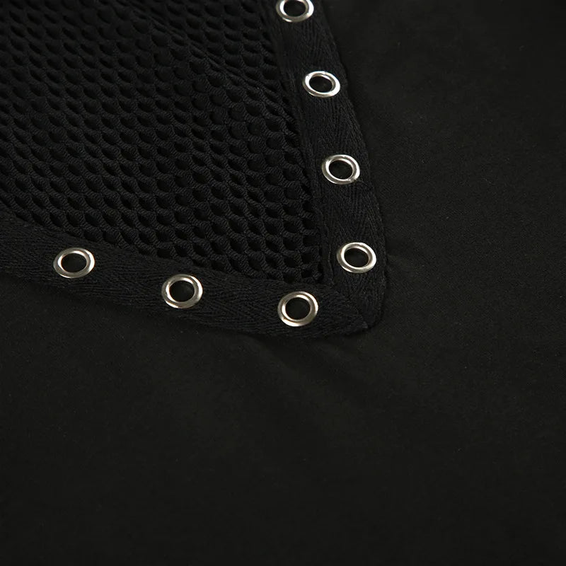 Goth Dark Solid Techwear Chic Irregular Grid Hollow Out T-shirt Mall Goth See Through Slim Tops Women Y2K Streetwear T-shirts