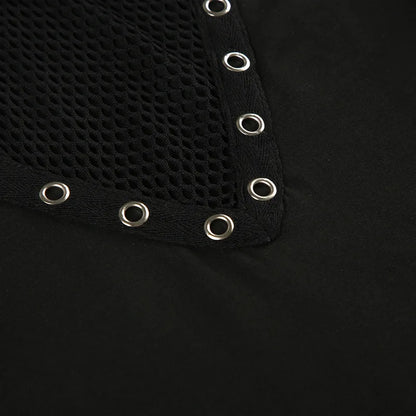 Goth Dark Solid Techwear Chic Irregular Grid Hollow Out T-shirt Mall Goth See Through Slim Tops Women Y2K Streetwear T-shirts