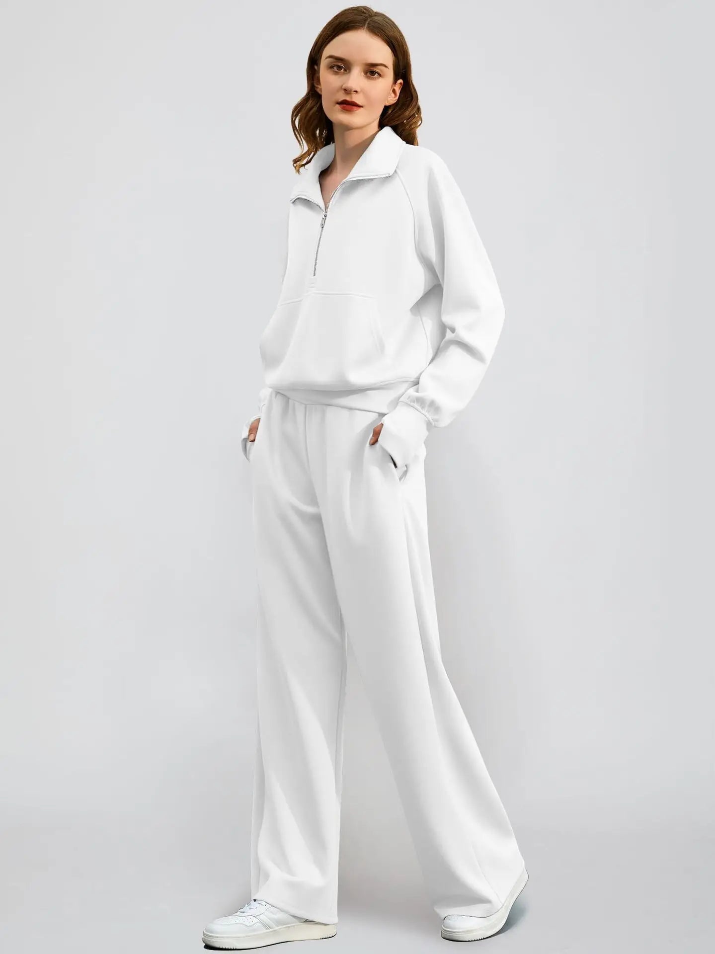 Woman Solid Color Half Zip Long Sleeve Sweatshirt and Wide Leg Pants Set Casual Sporty Two Piece Outfit