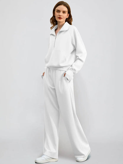 Woman Solid Color Half Zip Long Sleeve Sweatshirt and Wide Leg Pants Set Casual Sporty Two Piece Outfit