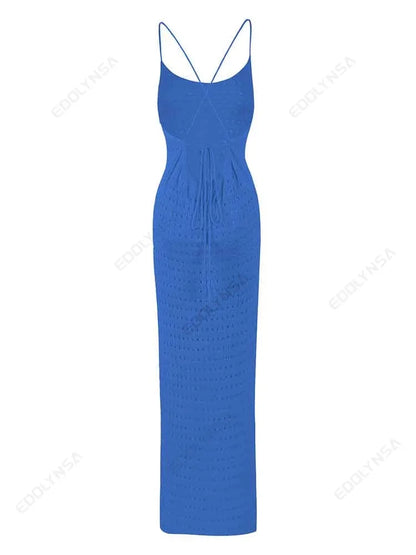 Sexy Knit Cut Out Tassel Spaghetti Strap Bodycon Beach Maxi Dress Summer Women's Holiday Club Party Outfit Swimsuit Cover Up K10