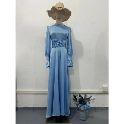 Eid Satin Muslim Dress for Women Abaya Party Dresses Ramadan Lace-up Islam Flare Sleeve Vestidos Largo Dubai Arab Long Robe 2024