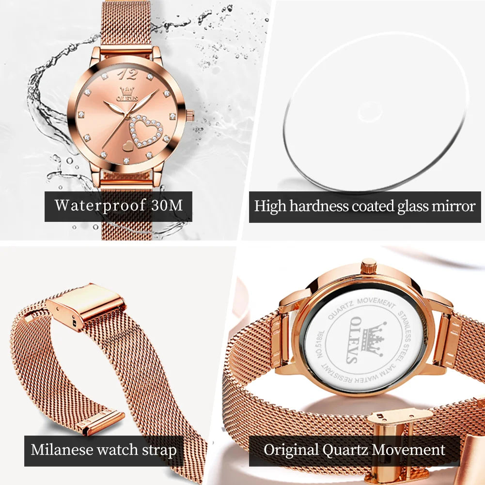OLEVS 5189 Quartz Watch for Women Diamond Love Heart Design Fashion Elegant Rose Gold Mesh Steel Strap Waterproof Ladies Watches