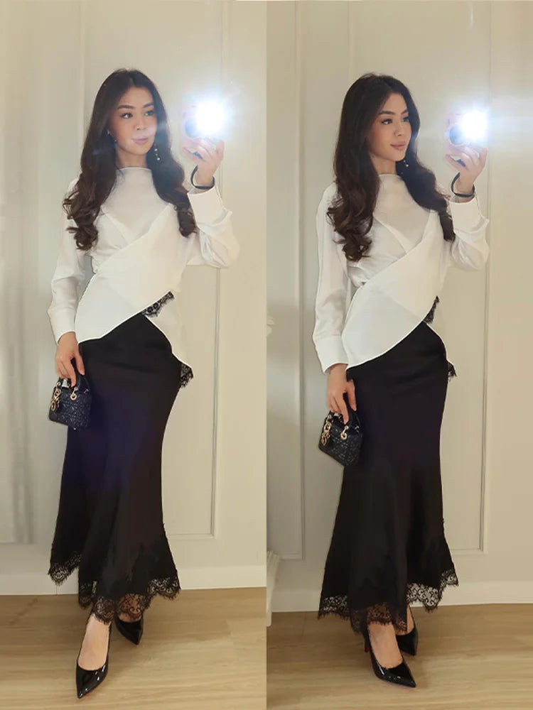 Lace Trim Women's Dress Long Sleeve Wrap O-Neck Top Midi Slim Skirt Satin Elegant Party Evening Dresses Trendy Outfit Ladies