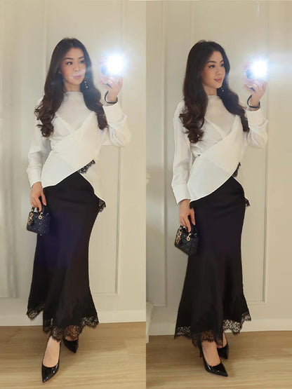 Lace Trim Women's Dress Long Sleeve Wrap O-Neck Top Midi Slim Skirt Satin Elegant Party Evening Dresses Trendy Outfit Ladies
