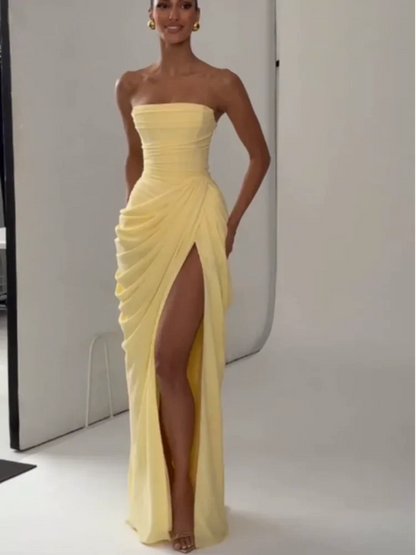 Elegant Yellow Strapless Pleated Dress Women Chic Sleeveless Waist Cinching Split Maxi Gowns Lady Evening Party Dresses 2026 New