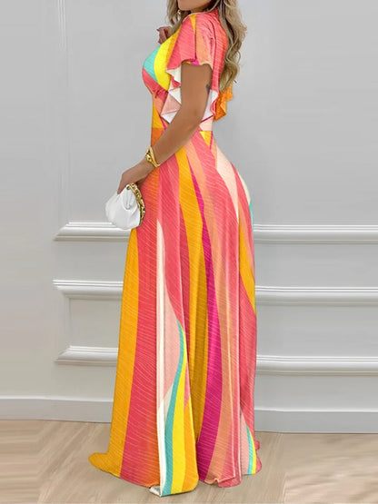 Elegant Women's Dresses Summer Fashion Split Sleeve Pearls Decor Plants Print Split Sleeve Casual V-Neck Half Sleeve Maxi Dress