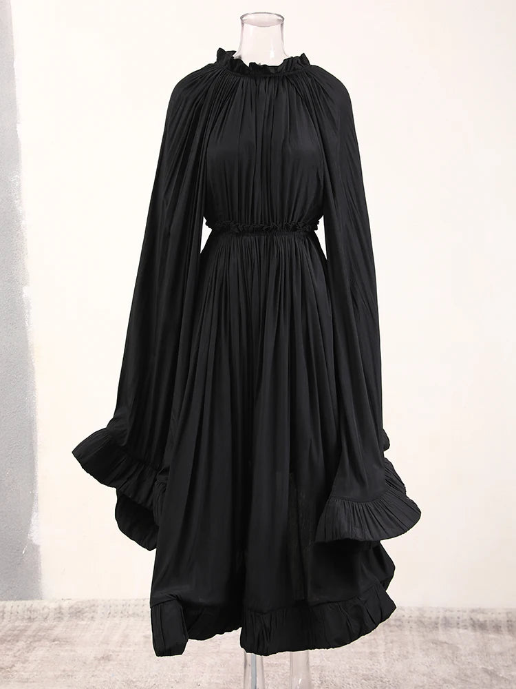 IEQJ Elegant Big Swing Irregular Ruffles Party Maxi Dresses For Women Cloak Sleeves Spliced Lace Up Pleated Dress 2025 New