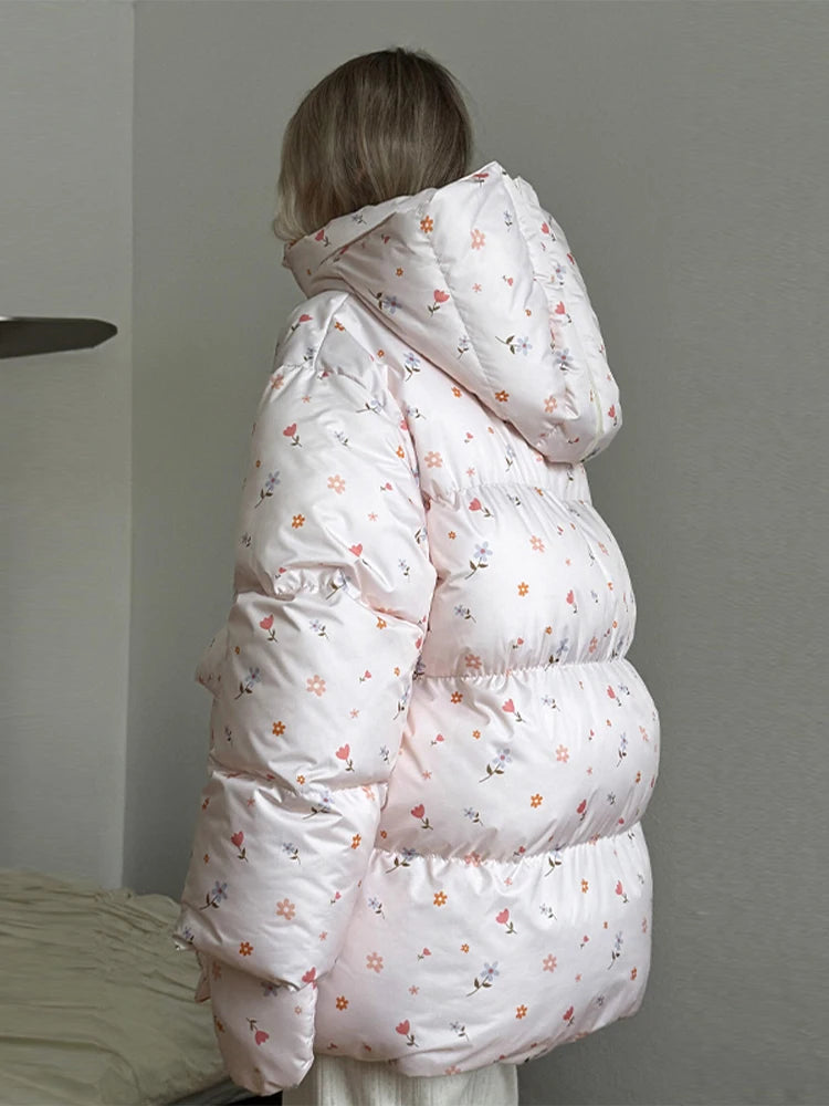 Printed Hooded Puffy Cotton Jacket Women Stand Collar Long Sleeve Zipper Loose Padded Coats 2025 Winter Lady Warm Outwear Street