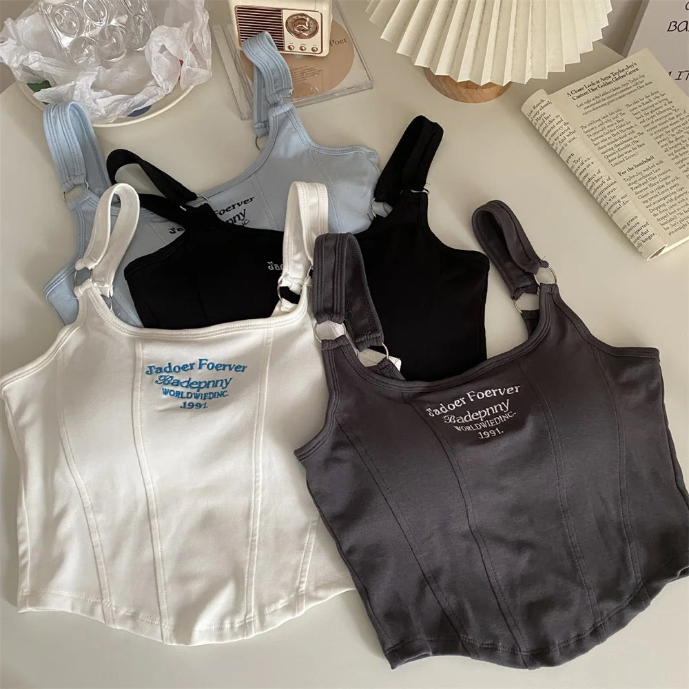 Fashion Embroid Letter Print Crop Tops Women Summer Sexy Streetwear Short Tops Suspenders Sports Tank Top Gym Solid Slim Vest