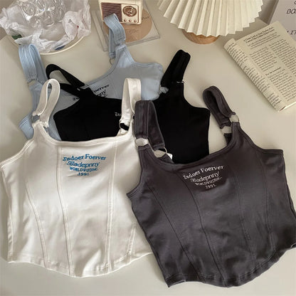 Fashion Embroid Letter Print Crop Tops Women Summer Sexy Streetwear Short Tops Suspenders Sports Tank Top Gym Solid Slim Vest