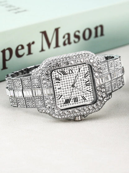 Luxury diamond watches for men Hip Hop Style Bling Bling Iced Out Wristwatch Fashion Square Stainless Steel Waterproof Clock 202
