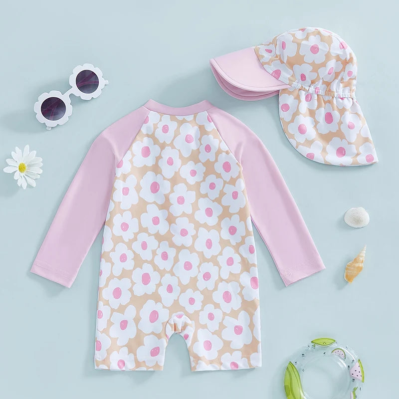 Citgeett Summer Kids Toddler Girl Long Sleeve Swimsuit Floral Flamingo Print Half Zipper Swimwear Romper Clothes