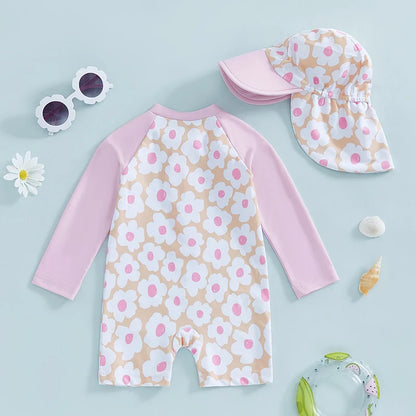 Citgeett Summer Kids Toddler Girl Long Sleeve Swimsuit Floral Flamingo Print Half Zipper Swimwear Romper Clothes