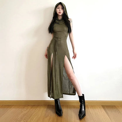 Gothic Ruffles Mesh Sleeveless Midi Hooded Dress Summer Beach Y2K Sexy Split Party Dresses Club Fashion High Street Outfits