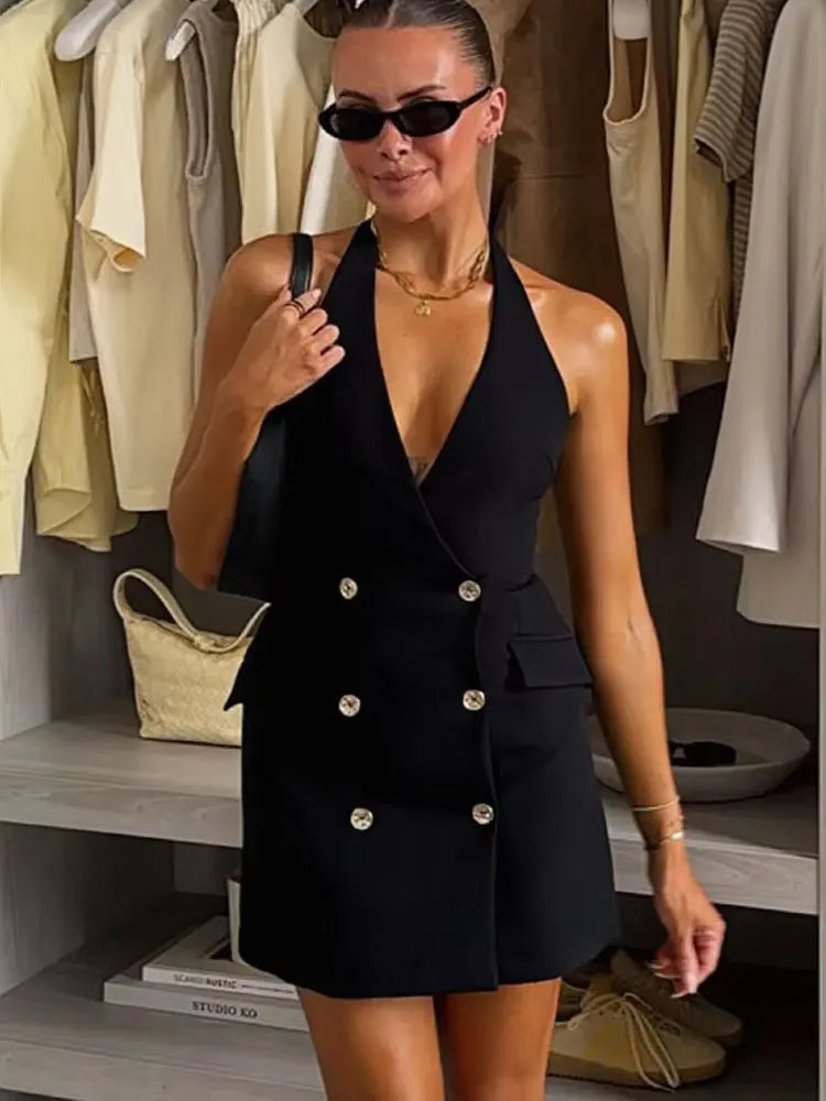 HH Female Sexy Mini Dress Grey Turn-Down Collar Sleeveless Backless Double Breasted Summer A-Line Dresses Woman New Trendy
