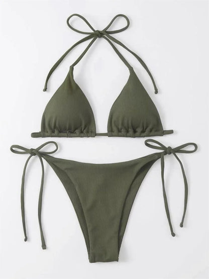 Sexy Brown Bikini 2026 Women Solid Red Halter Push Up Bra Tie Side Triangle Swimsuit Summer Bathing Suit Lace Up Micro Swimwear
