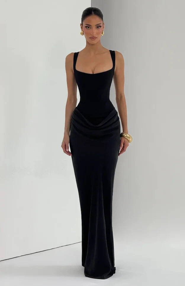 Solid Pleated Sling Dress Women Square Neck Sleeveless Off-shoulder Waist Cinching Slim Dresses Lady Evening Party Gowns 2025