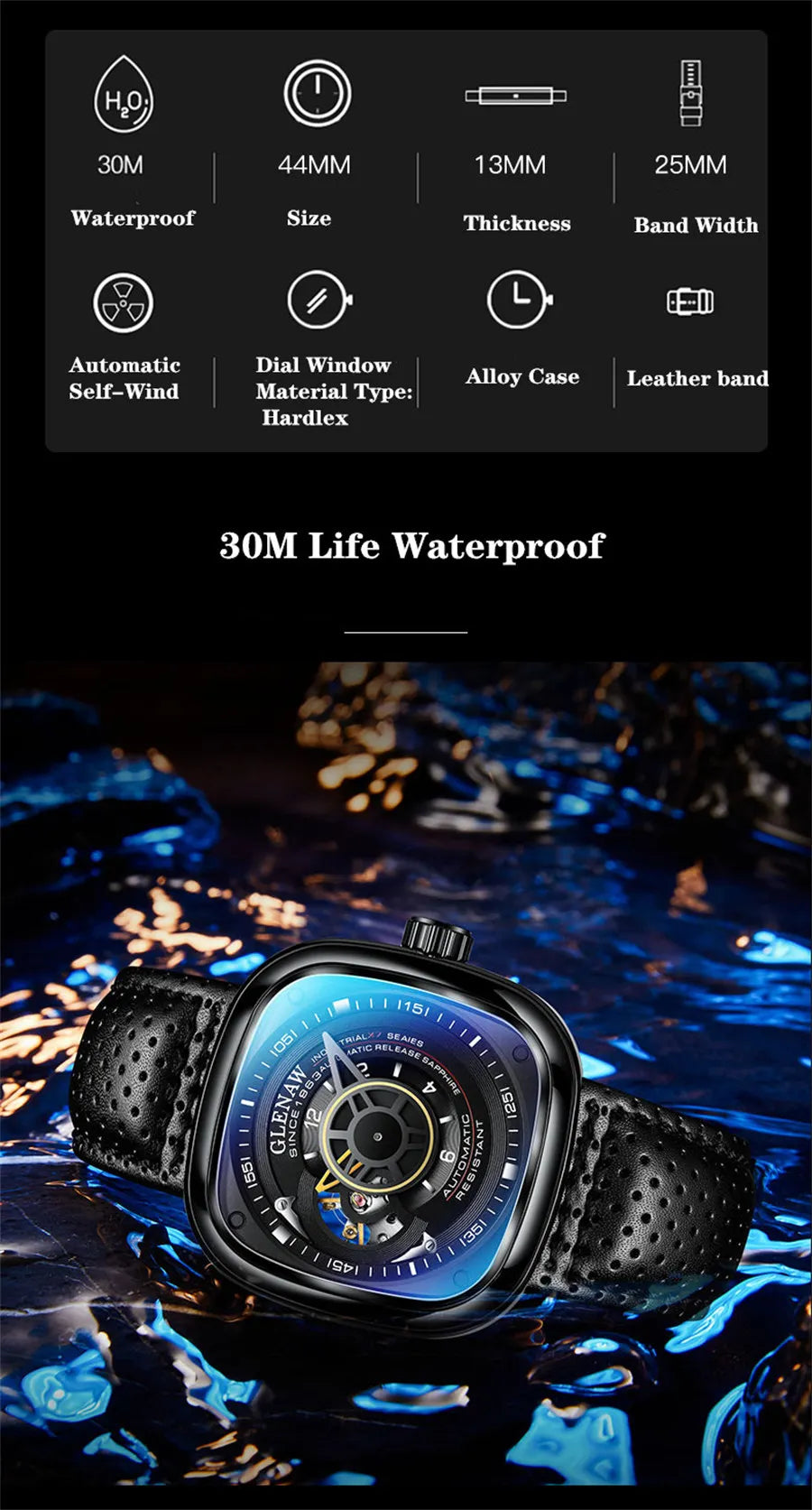 GLENAW Mechanical Watch for Men Breathable Leatherstainless Steel Automatic Skeleton Mens Watches Top Brand Luxury Reloj Hombre
