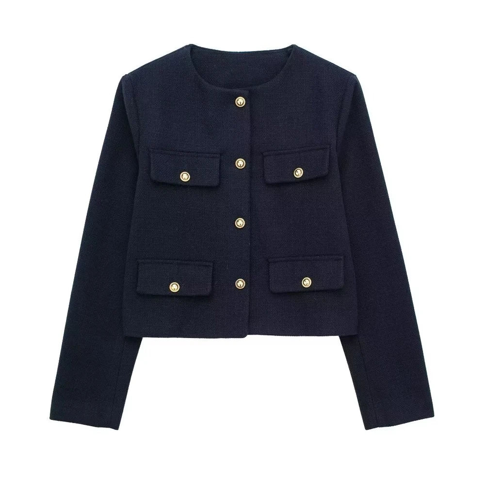 Women's Golden Button Jacket Coat, O Neck, Long Sleeve, Female Outerwear, Chic Tops, Fashion