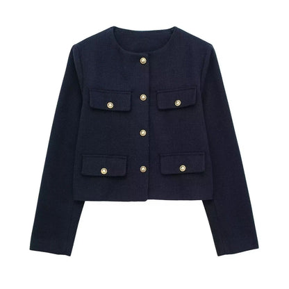 Women's Golden Button Jacket Coat, O Neck, Long Sleeve, Female Outerwear, Chic Tops, Fashion