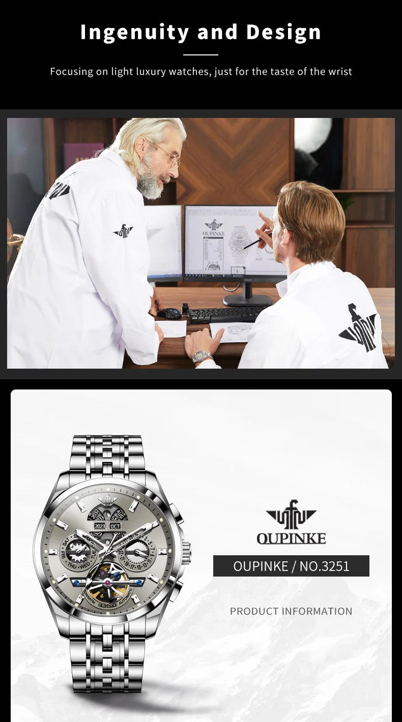 OUPINKE 3251 Men's Watches Flywheel Automatic Mechanical Original Wristwatch for Man Waterproof Luminous Perpetual Dual Calendar