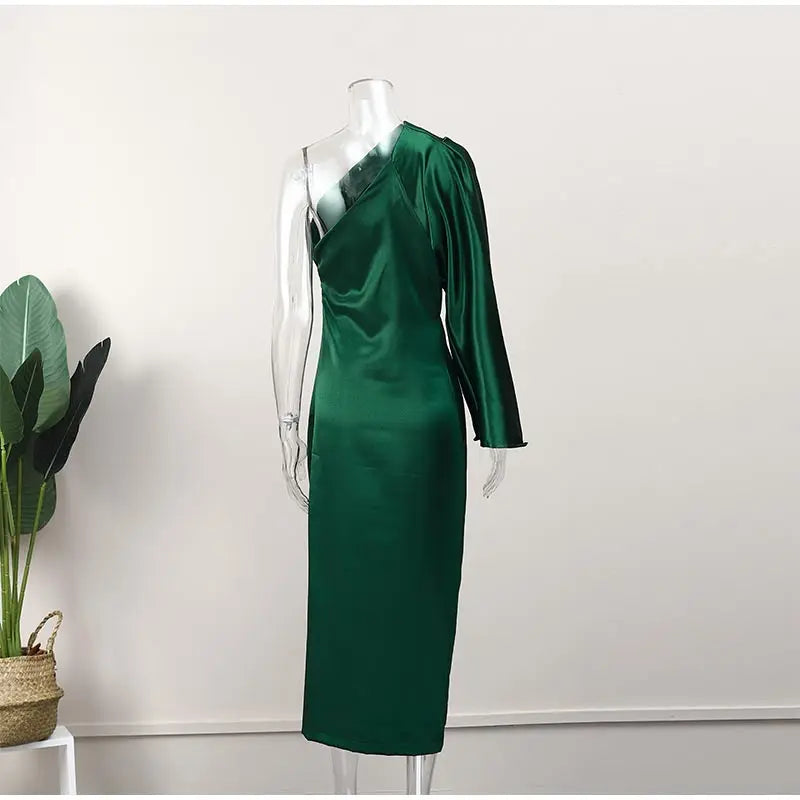 Sexy Women One Shoulder Long Sleeve Dresses Elegant Backless Split Side Slit Bodycon Dress 2023 Fashion Pleated Ladies Robe