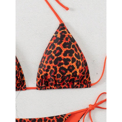 Sexy Leopard Print Two Piece Swimsuit Set Triangle Bra Suspender Halter Backless Bikini Set Beach Vacation Lace-up Swimwear 2025