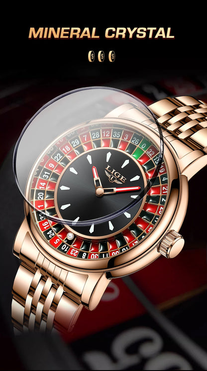 LIGE Quartz Man Watch Fashion Luxury Creative Roulette Game Dial Design Leather Casual Life Waterproof Watches for Men Gifts+Box