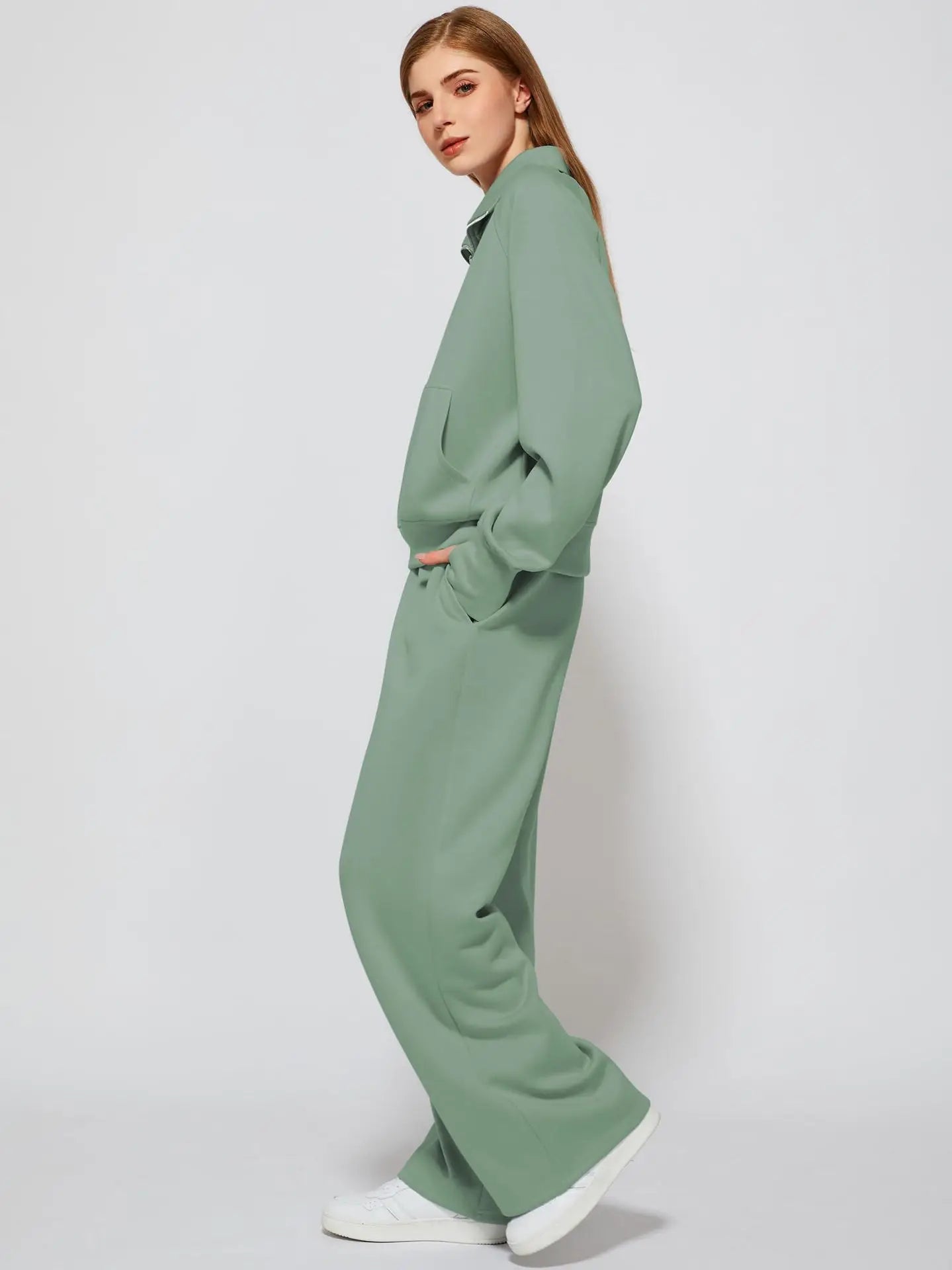Woman Solid Color Half Zip Long Sleeve Sweatshirt and Wide Leg Pants Set Casual Sporty Two Piece Outfit