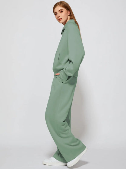 Woman Solid Color Half Zip Long Sleeve Sweatshirt and Wide Leg Pants Set Casual Sporty Two Piece Outfit
