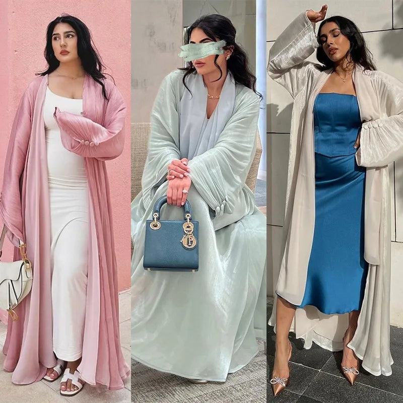 Eid Silky Abayas for Women Muslim Jalabiya Ramadan Robe Dress Button Sleeve Ramadan Caftan Party Dresses Vestido Largo Cardigan