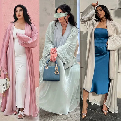 Eid Silky Abayas for Women Muslim Jalabiya Ramadan Robe Dress Button Sleeve Ramadan Caftan Party Dresses Vestido Largo Cardigan