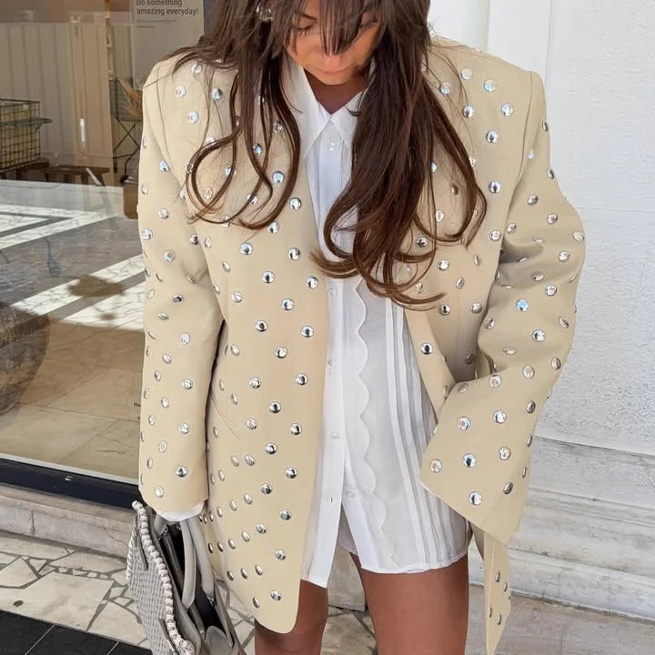 Rivet Fashion V-neck Balzer Coat Women Shoulder Pads Loose Fake Pocket Long Sleeve Jacket 2025 Spring Street Party Commute Tops