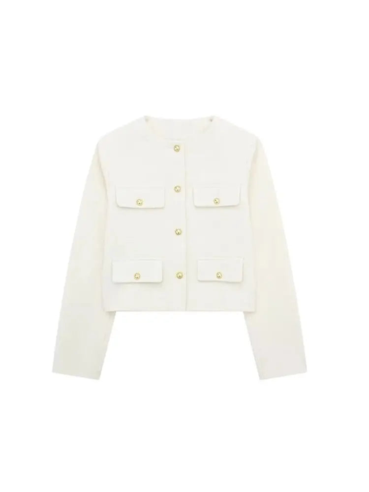 Women's Golden Button Jacket Coat, O Neck, Long Sleeve, Female Outerwear, Chic Tops, Fashion