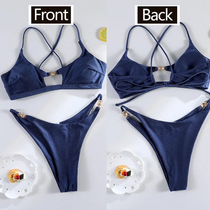 Miyouj Bandage Swimwear Summer Swimsuit High Cut Bikini Set Solid Sexy 2-Piece Suit New Bathsuit Hollow Out Thongs Beachwear