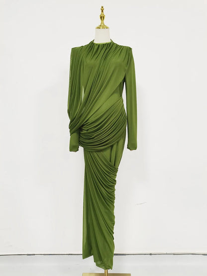 VGH Elegant Vintage Spliced Ribbon Dresses for Women Turtleneck Long Sleeve Irregular Folds Evening Luxurious Maxi Dress Female