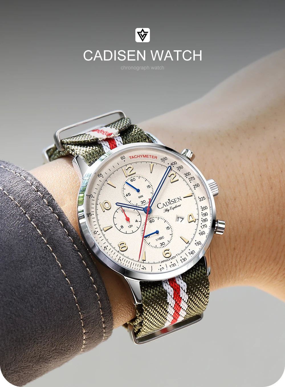 CADISEN Men's Watches Luxury Quartz Watch For Men Japan MIYOTA 0S10 Movt Canvas Strap Chronograph Waterproof Men's Wristwatch
