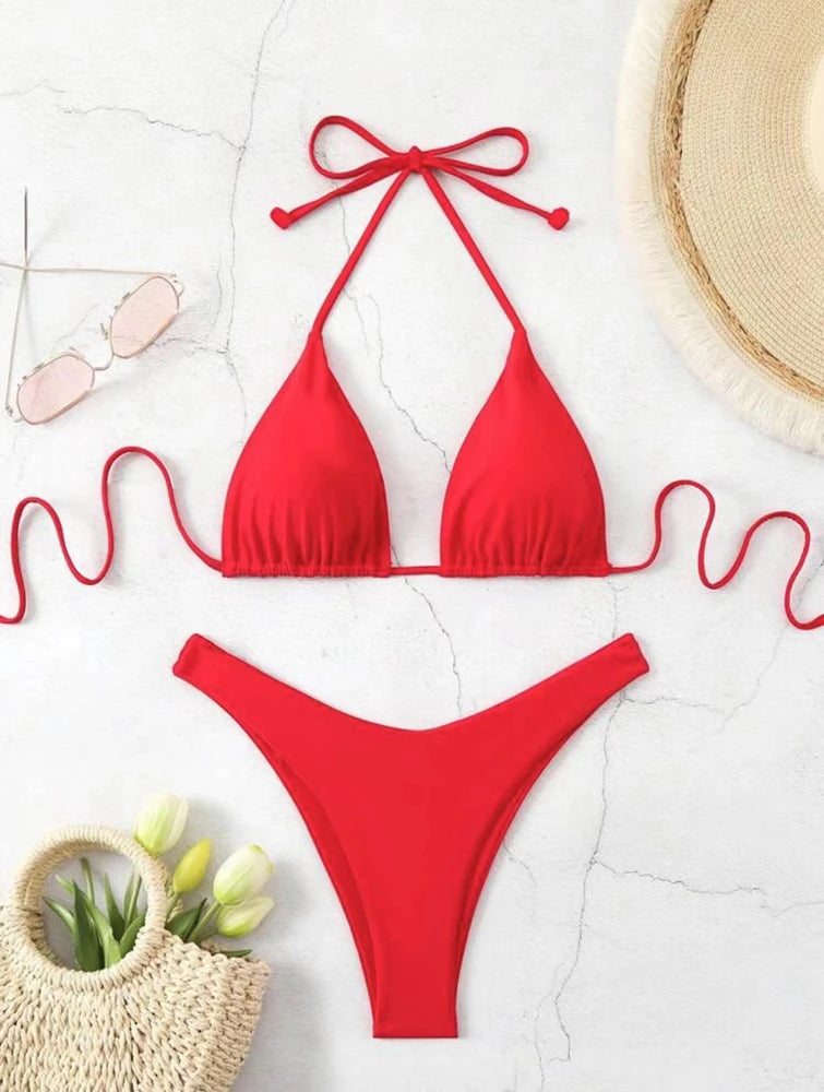 2025 New Bikini Set Women Sexy Simple Solid White/Black/Coffee Halter Bikini Swimsuit Lace Up Brazilian Beach Bathing Suit