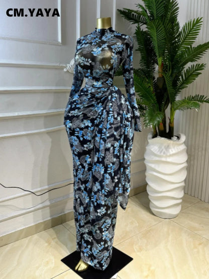 CM.YAYA Women Floral Print O-neck Ruched Bodycon Long Maxi Dress 2026 summer Evening Birthday Club Party Vestidos Sexy Dresses