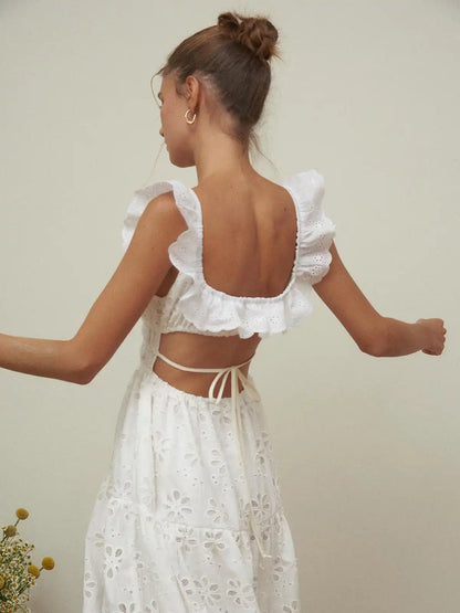Ashgaily White Dress Women Halter Cotton Long Dress Lace Elegant Party Outfits Ladies Sexy Club Clothes