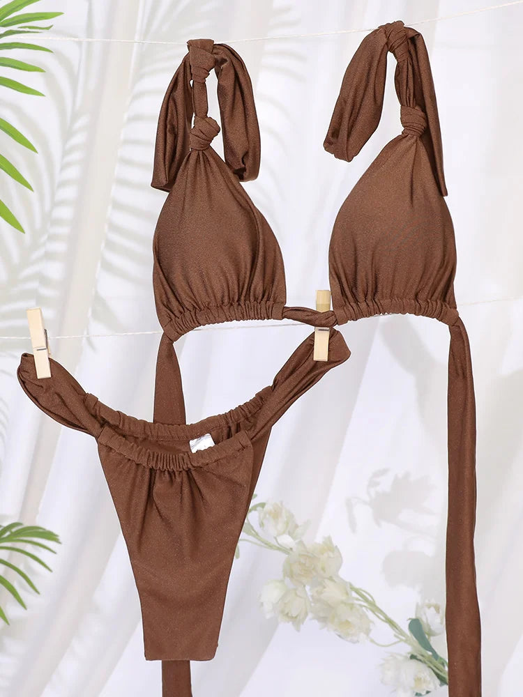 Miyouj Pleasted Bikinis Colaless Swimsuit Triangle Bikini Set Women Swimwear Halter Bathing Suits Bandage Beachwear Brazilian
