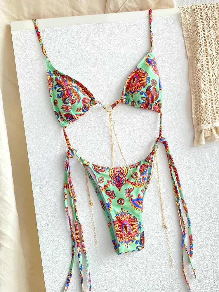 ZRTAK Micro Thongs Swimsuit Women Sexy Bikinis Bathing Suit Rings Biquini Bandage Beachwear Print Swimwear Sexy Bikini Sets