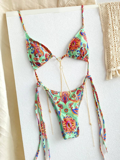 ZRTAK Micro Thongs Swimsuit Women Sexy Bikinis Bathing Suit Rings Biquini Bandage Beachwear Print Swimwear Sexy Bikini Sets